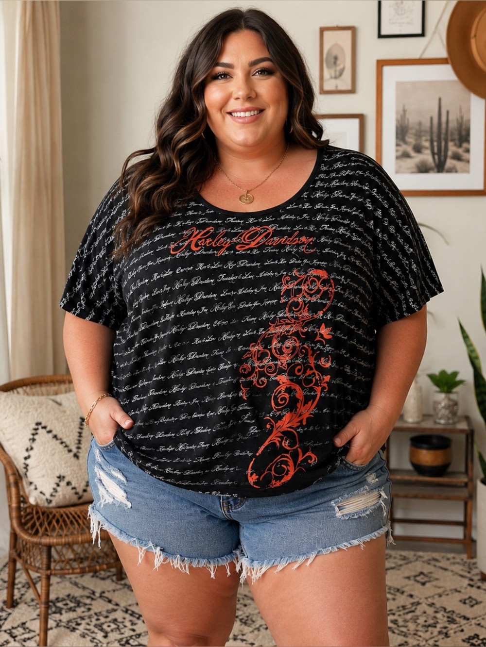 Harley-Davidson Women’s 3W Black Graphic Script Tee Plus Size Biker Shirt